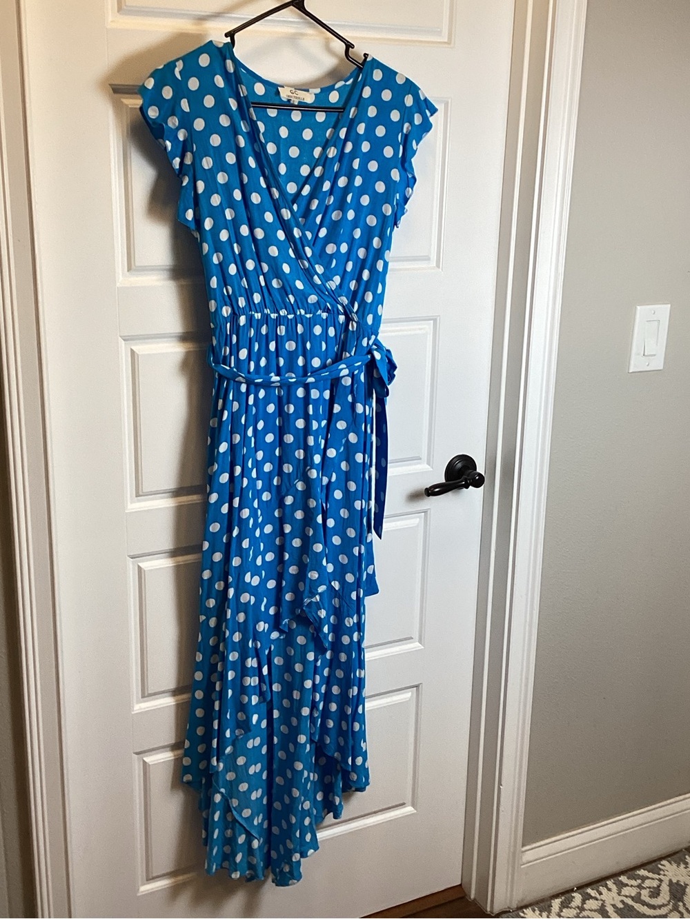 TURQUOISE Blue Polka Dot High-Low RUFFLED Wrap Dress with Tie Waist